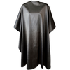 Front view of large, long silver colored shampoo & cutting cape, 8 stainless steel snaps
