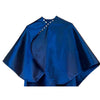 Rear view of large, long navy blue colored shampoo & cutting cape, 8 stainless steel snaps