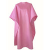 Front view of large, long pink colored shampoo & cutting cape, 8 stainless steel snaps