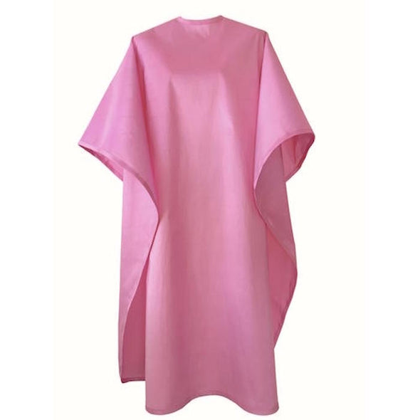 Front view of large, long pink colored shampoo & cutting cape, 8 stainless steel snaps