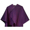 Rear view of large, long dark purple colored shampoo & cutting cape, 8 stainless steel snaps