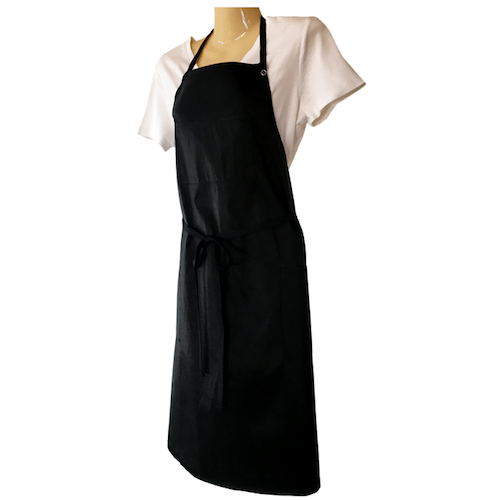 Side view of Black apron with 3 pockets, neck strap, tie around waist. Chemical/bleach safe.