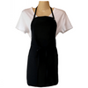 Front view of Black apron with 3 pockets, neck strap, tie around waist. Chemical/bleach safe.