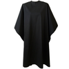 Front view of large, long black colored shampoo & cutting cape, 8 stainless steel snaps