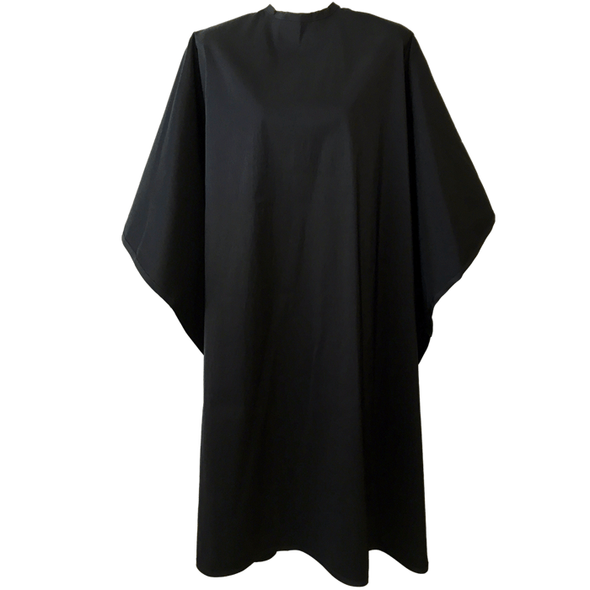 Front view of large, long black colored shampoo & cutting cape, 8 stainless steel snaps