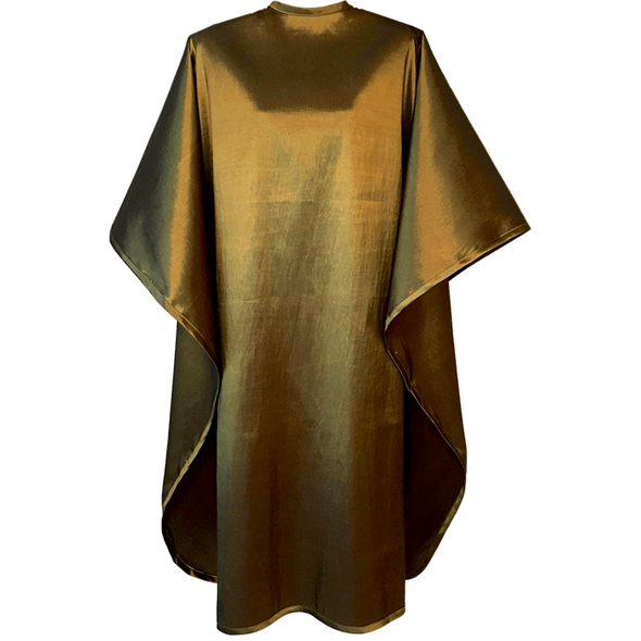 Front view of large, long bronze colored shampoo & cutting cape, 8 stainless steel snaps