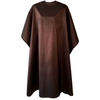 Front view of large, long brown colored shampoo & cutting cape, 8 stainless steel snaps
