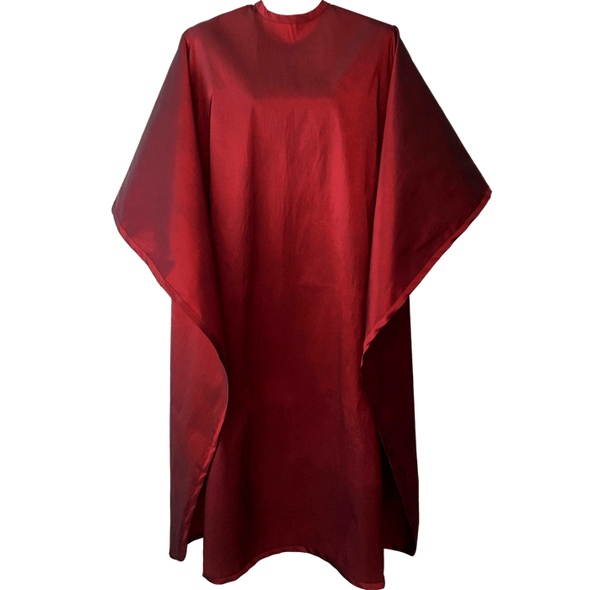 Front view of large, long burgundy colored shampoo & cutting cape, 8 stainless steel snaps