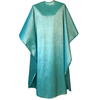 Front view of large, long turquoise colored shampoo & cutting cape, 8 stainless steel snaps