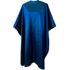 Front view of large, long navy blue colored shampoo & cutting cape, 8 stainless steel snaps 