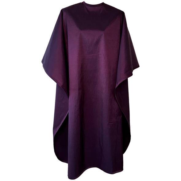 Front view of large, long dark purple colored shampoo & cutting cape, 8 stainless steel snaps