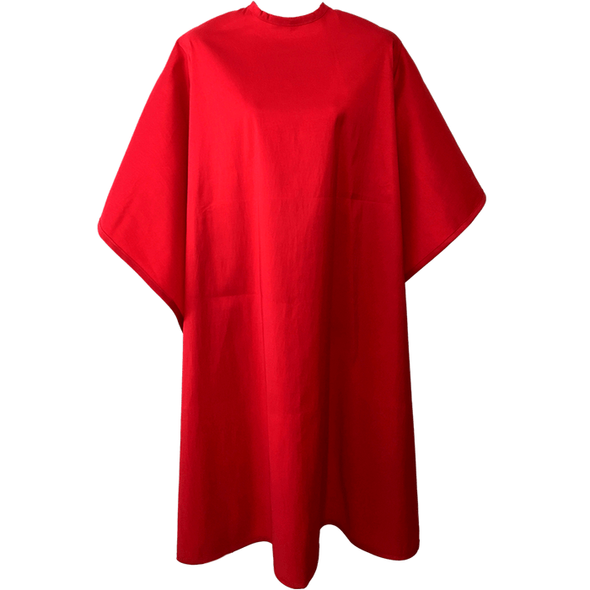 Front view of large, long red colored shampoo & cutting cape, 8 stainless steel snaps