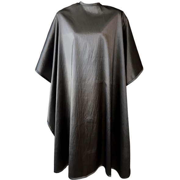 Front view of large, long silver colored shampoo & cutting cape, 8 stainless steel snaps