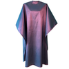 Front view of large, long violet colored shampoo & cutting cape, 8 stainless steel snaps