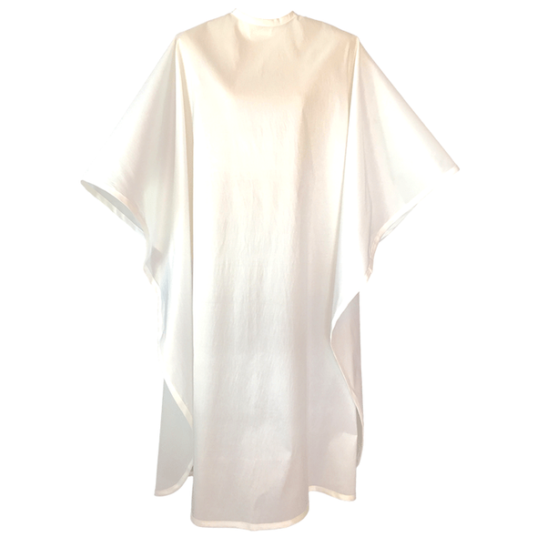 Front view of large, long white colored shampoo & cutting cape, 8 stainless steel snaps